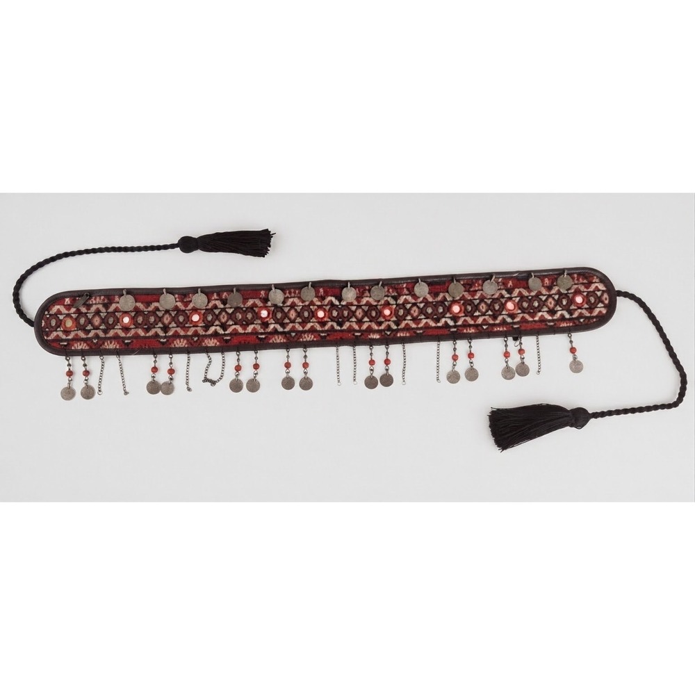 Free People Boho Tapestry Coin Tassel Belt Red Black Tribal Mirror Embellished